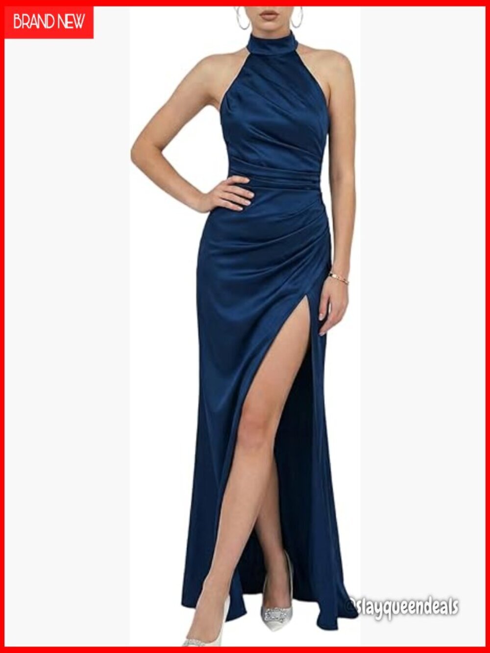 Satin Halter Maxi Formal Dress Bodycon Ruched High Slit Evening Gown